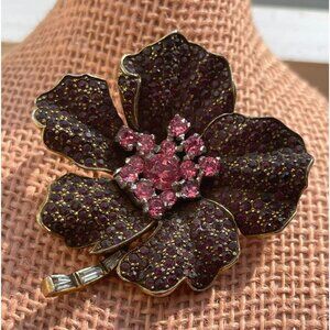 Vintage Jomaz Pave Floral Pansy Brooch Pink & Burgundy Rhinestone Design